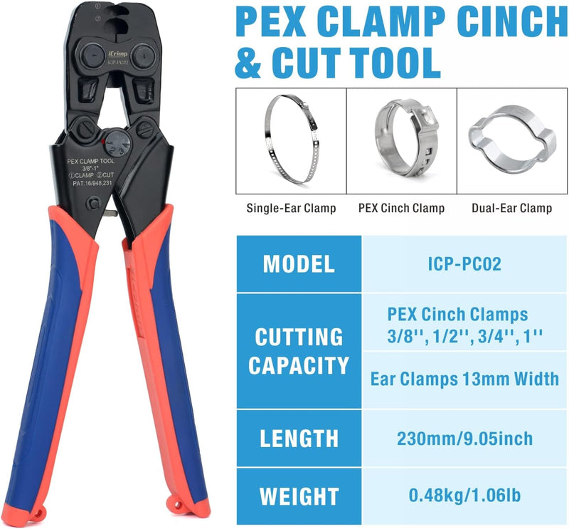 ICP-PC02KIT PEX Clamp Cinch & Removal Tool for 3/8-in to 1-in Pinch Clamp Rings with 20pcs 1/2-in & 10pcs 3/4-in Clamps, Meets ASTM F2098 Standard PEX Pipe Tools iCrimp