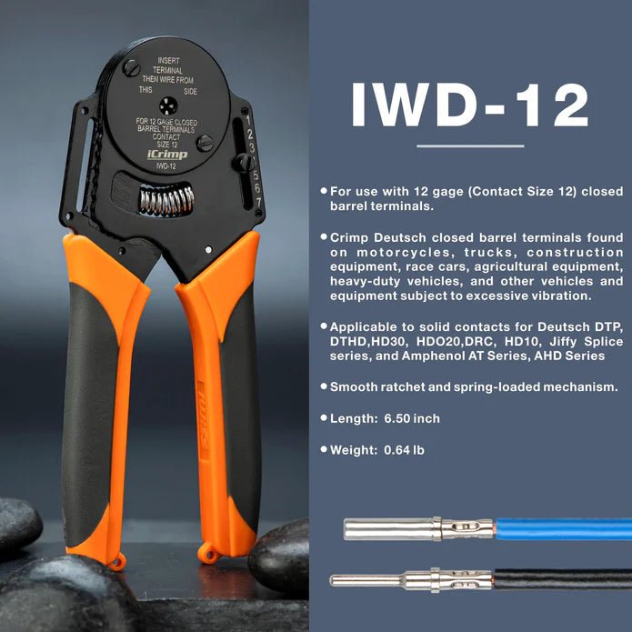 IWD-12 Closed Barrel Crimper 4 Way Indent,8 Impression Type for Deutsch Solid Contacts gage 12 Hand Crimping Pliers iCrimp