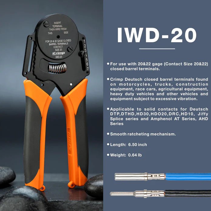 IWD-20 Closed Barrel Crimper 4 way Indents, 8 Impressions for Deutsch Solid Contacts gage 20&22 Hand Crimping Pliers iCrimp