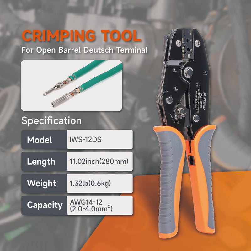 IWS-12DS Ratchet Deutsch Crimp Tool for DT Connector, Deutsch Open barrel Terminal Wire Crimping Tool for AWG14,12 Hand Crimping Pliers iCrimp