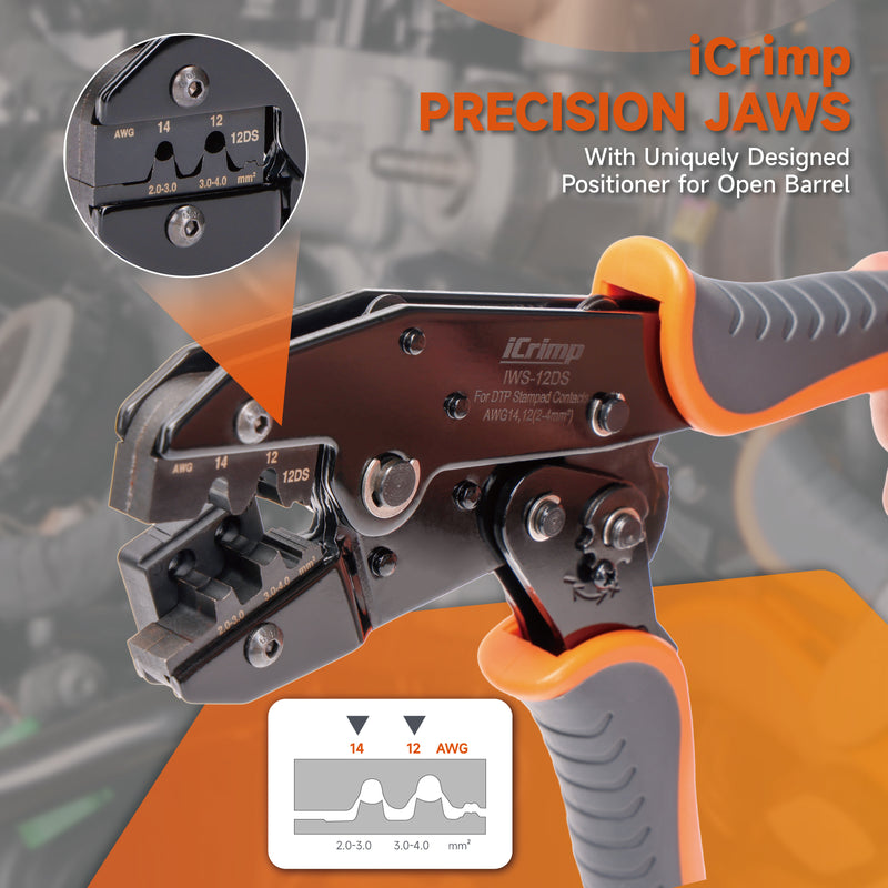 IWS-12DS Ratchet Deutsch Crimp Tool for DT Connector, Deutsch Open barrel Terminal Wire Crimping Tool for AWG14,12 Hand Crimping Pliers iCrimp