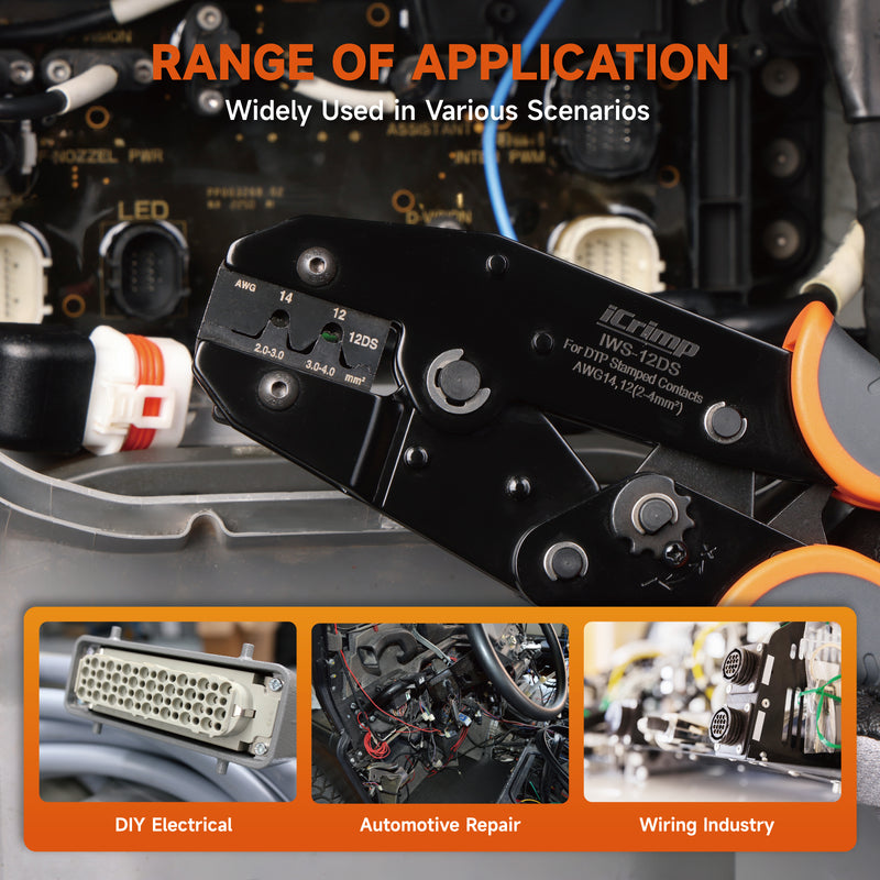 IWS-12DS Ratchet Deutsch Crimp Tool for DT Connector, Deutsch Open barrel Terminal Wire Crimping Tool for AWG14,12 Hand Crimping Pliers iCrimp