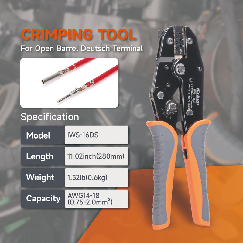 IWS-16DS Ratchet Deutsch Crimp Tool for DT Connector, Deutsch Open barrel Terminal Wire Crimping Tool for AWG18,16,14 Hand Crimping Pliers iCrimp