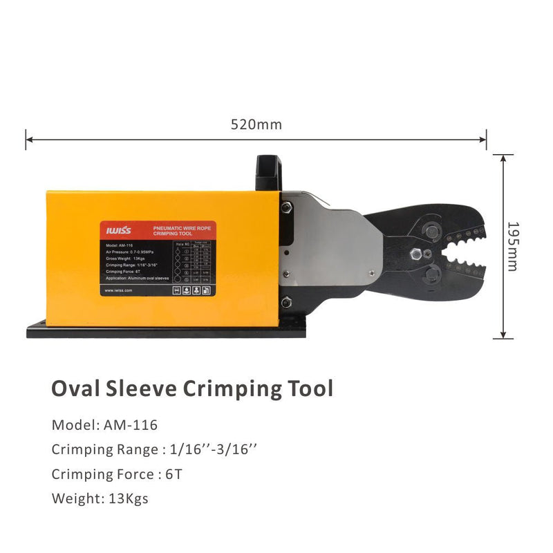 AM-116 Pneumatic Wire Rope Crimping Tool for Copper & Aluminum Oval Duplex Sleeves Ferrules, Stop, Thimble Sleeves from 1/16” to 3/16” Wire Rope Swaging Tools iCrimp