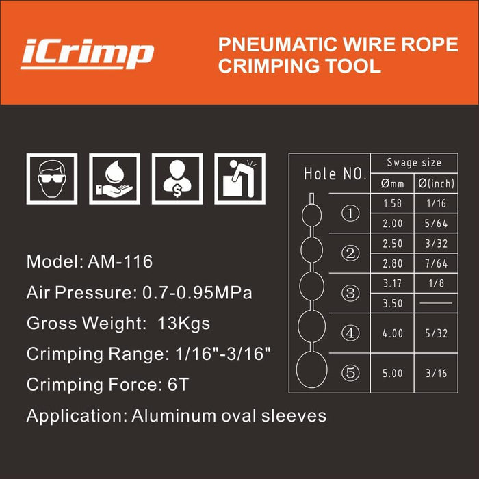 AM-116 Pneumatic Wire Rope Crimping Tool from 1/16” to 3/16”