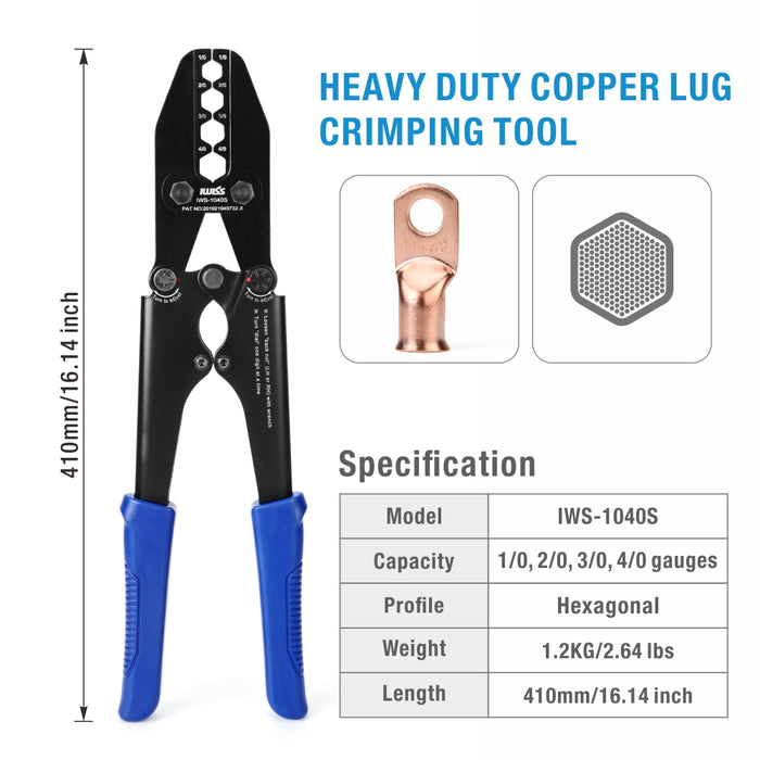 IWS-1040S Battery Cable Lug Terminal Crimping Tool, for 1/0, 2/0, 3/0, 4/0 Gauge Battery Cable End