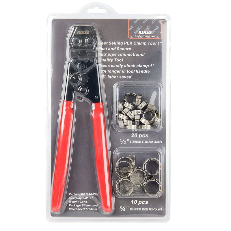 KG-1096 KIT PEX Pipe Clamp Cinch Tool Crimping Tool for Stainless Steel Clamps from 3/8-inch to 1-inch with 1/2-inch 20PCS and 3/4-inch 10PCS SS PEX Clamps PEX Pipe Tools iCrimp