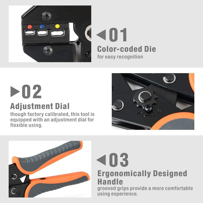 Kit de crimpagem de fios com catraca IWS-03C para terminais isolados AWG20-10 com 285 conectores isolados de emenda, pá e anel.