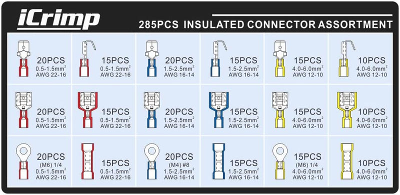 IWS-03C KIT ラチェットワイヤークリンパ AWG20-10 絶縁端子用 285個入り絶縁バット、スペード、リングコネクタキット付き