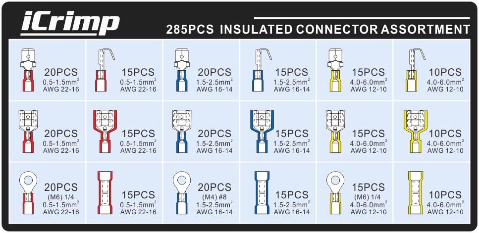 Kit de crimpagem de fios com catraca IWS-03C para terminais isolados AWG20-10 com 285 conectores isolados de emenda, pá e anel.