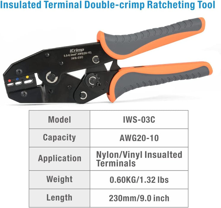 Kit de crimpagem de fios com catraca IWS-03C para terminais isolados AWG20-10 com 285 conectores isolados de emenda, pá e anel.