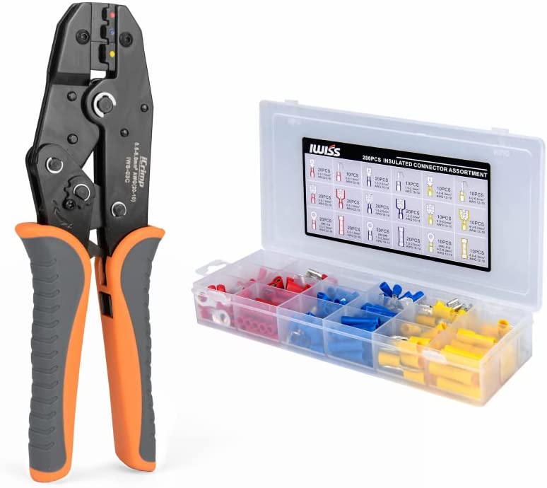 IWS-03C KIT ラチェットワイヤークリンパ AWG20-10 絶縁端子用 285個入り絶縁バット、スペード、リングコネクタキット付き