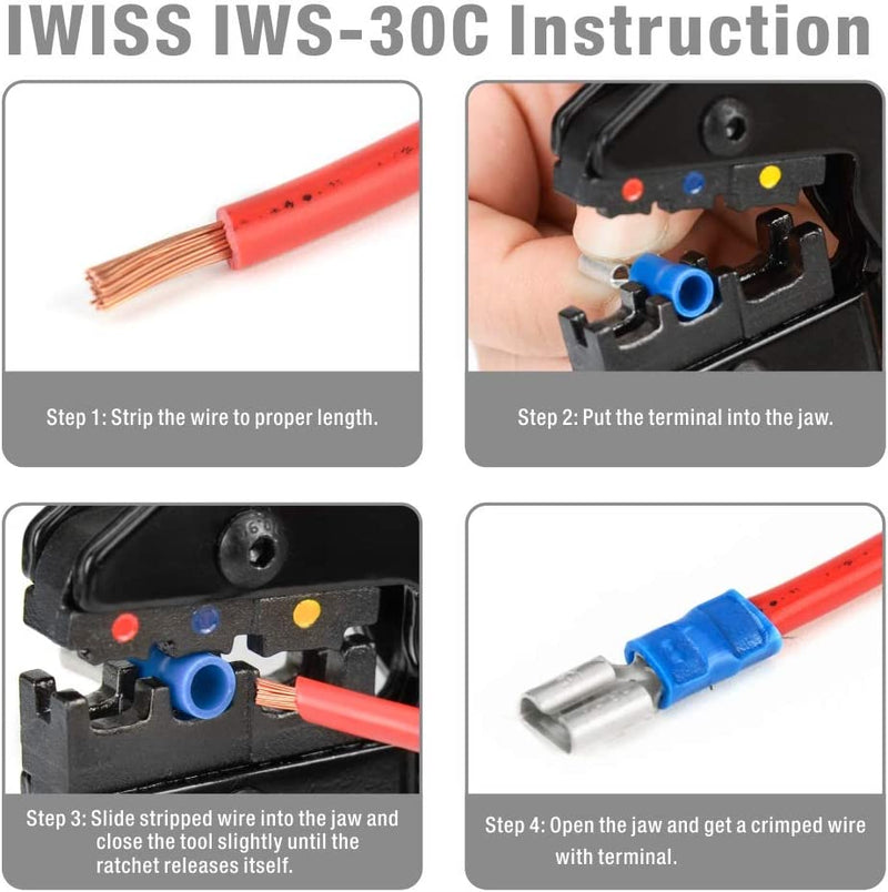 IWS-03C KIT ラチェットワイヤークリンパ AWG20-10 絶縁端子用 285個入り絶縁バット、スペード、リングコネクタキット付き