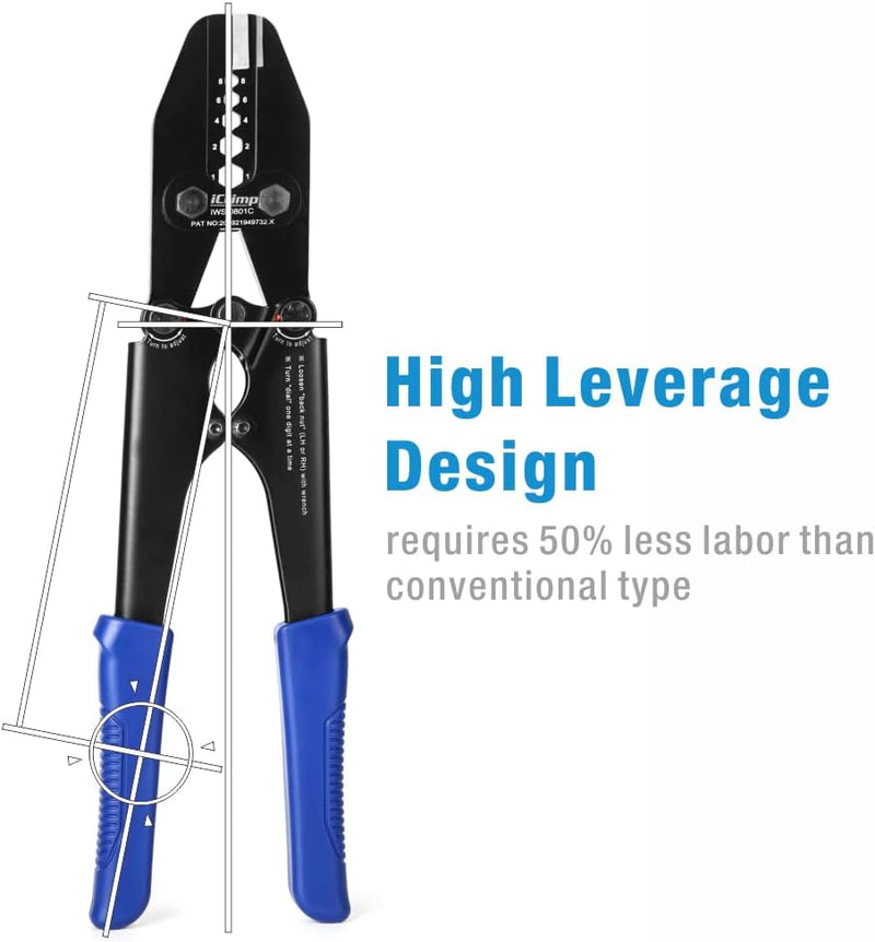 IWS-0801C Heavy Duty Copper Lug Crimping Tool for AWG 8,6,4,2,1 Gauge Battery Cable Ring Terminal Ends with Built-in Cable Cutter Hand Crimping Pliers iCrimp