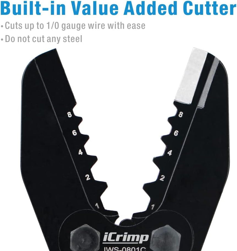 IWS-0801C Heavy Duty Copper Lug Crimping Tool for AWG 8,6,4,2,1 Gauge Battery Cable Ring Terminal Ends with Built-in Cable Cutter Hand Crimping Pliers iCrimp