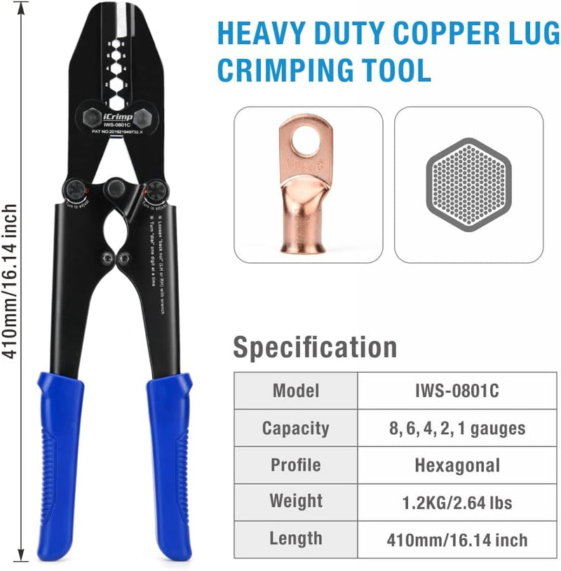 IWS-0801C Heavy Duty Copper Lug Crimping Tool for AWG 8,6,4,2,1 Gauge Battery Cable Ring Terminal Ends with Built-in Cable Cutter Hand Crimping Pliers iCrimp