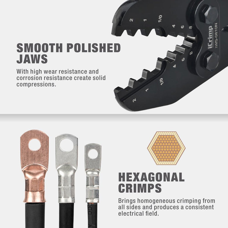 Herramienta de engarce para terminales de cable de batería IWS-0810N para terminales de batería de cobre eléctrico de calibre 8, 6, 4, 2, 1, 1/0 AWG, juegos de matrices de engarce hexagonales fijas