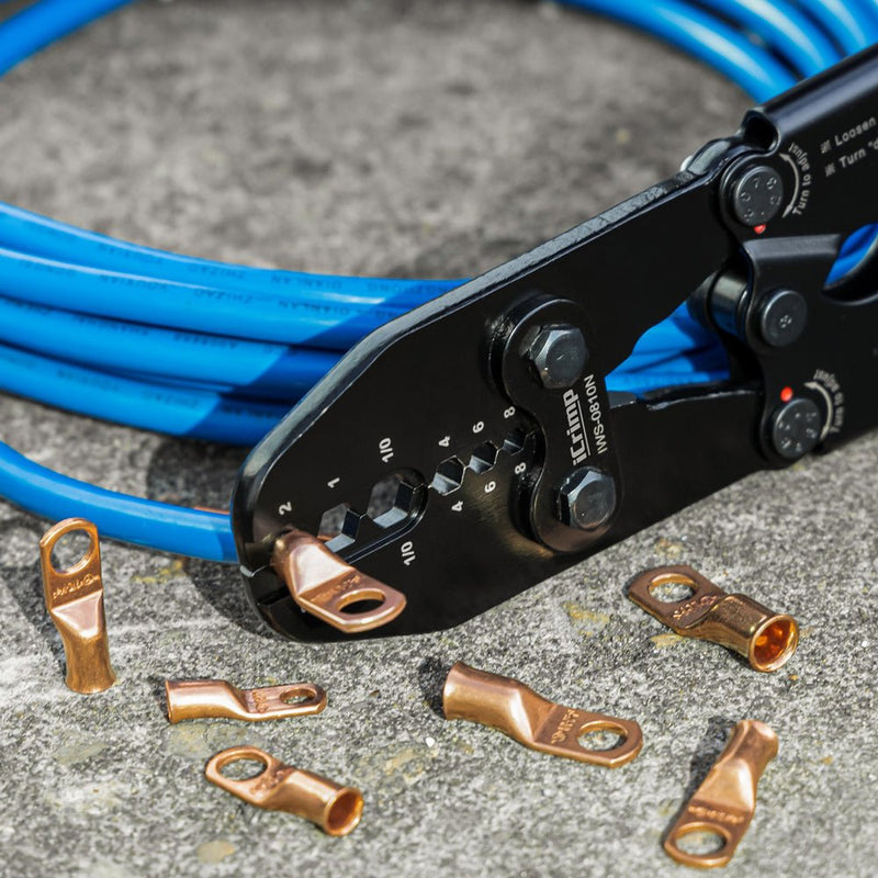 Herramienta de engarce para terminales de cable de batería IWS-0810N para terminales de batería de cobre eléctrico de calibre 8, 6, 4, 2, 1, 1/0 AWG, juegos de matrices de engarce hexagonales fijas