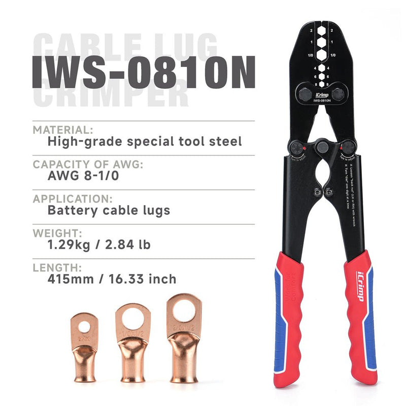 Herramienta de engarce para terminales de cable de batería IWS-0810N para terminales de batería de cobre eléctrico de calibre 8, 6, 4, 2, 1, 1/0 AWG, juegos de matrices de engarce hexagonales fijas