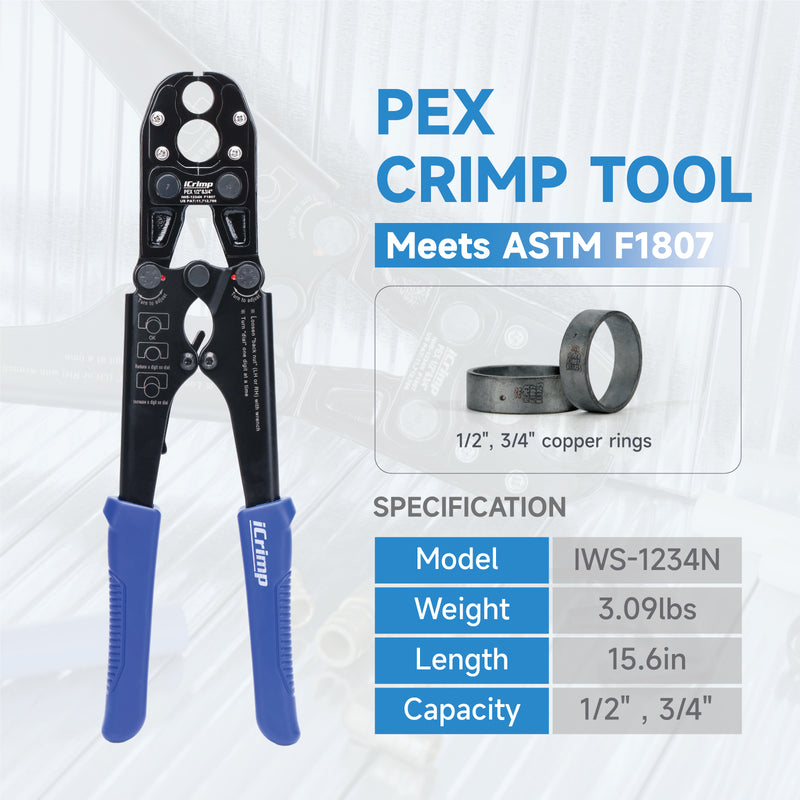 IWS-1234N Pex Pipe Crimping Tool with Convertible 1/2" and 3/4" Jaws for Copper Ring, meets ASTM 1807 Standard PEX Pipe Tools iCrimp