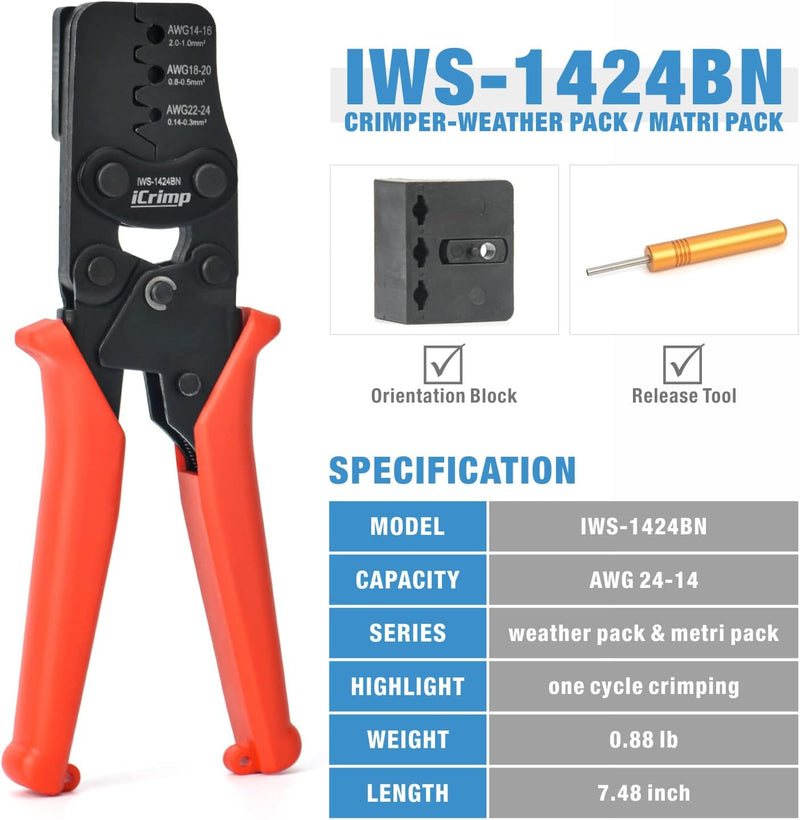 IWS-1424BN Weather Pack Crimp Tool for AWG 24-14 Crimping Delphi APTIV Weather Pack Terminals or Metri-Pack Connectors Hand Crimping Pliers iCrimp