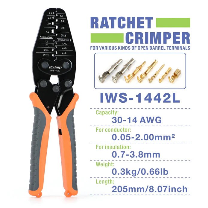 IWS-1442L Micro Connector Crimper Plier for Crimping 30AWG to 14AWG Open-barrel and Connectors from Molex, TE AMP, for RC Car, 3D Printer Hand Crimping Pliers iCrimp