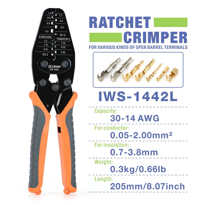 IWS-1442L Micro Connector Crimper Plier for Crimping 30AWG to 14AWG Open-barrel and Connectors from Molex, TE AMP, for RC Car, 3D Printer