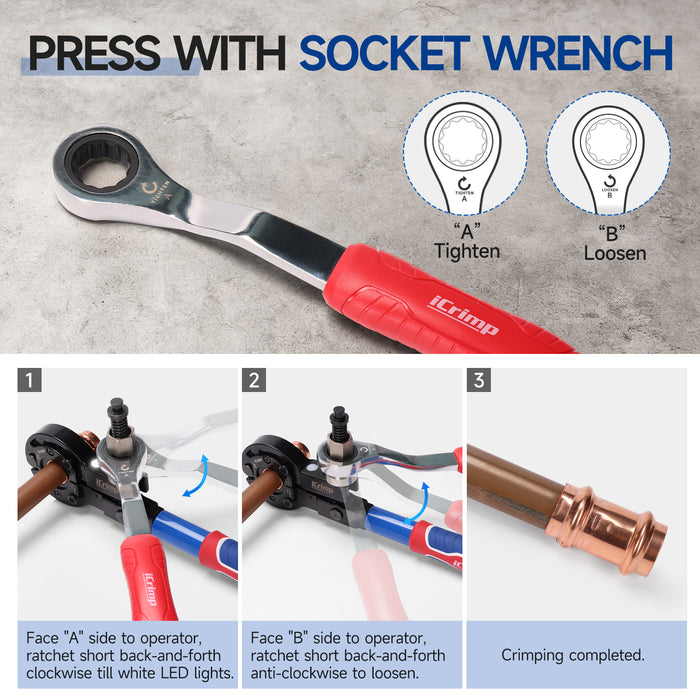 IWS-1632CF Copper Crimping Tool with Cutter, Propress Tool for 1/2" 3/4" 1" Copper Pipes, Adapts to Manual Wrench & Electric Socket for Tight Spaces