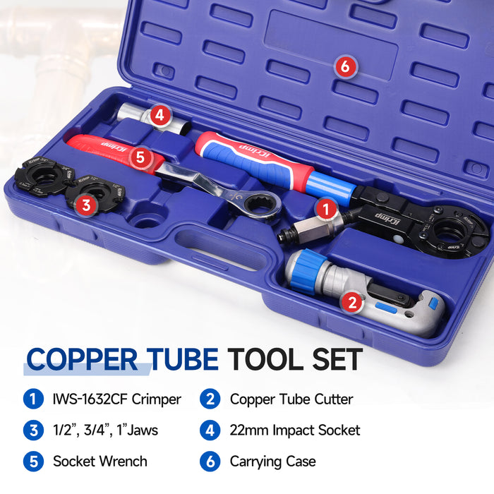 IWS-1632CF Copper Crimping Tool with Cutter, Propress Tool for 1/2" 3/4" 1" Copper Pipes, Adapts to Manual Wrench & Electric Socket for Tight Spaces
