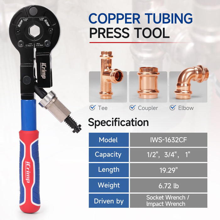 IWS-1632CF Copper Crimping Tool with Cutter, Propress Tool for 1/2" 3/4" 1" Copper Pipes, Adapts to Manual Wrench & Electric Socket for Tight Spaces