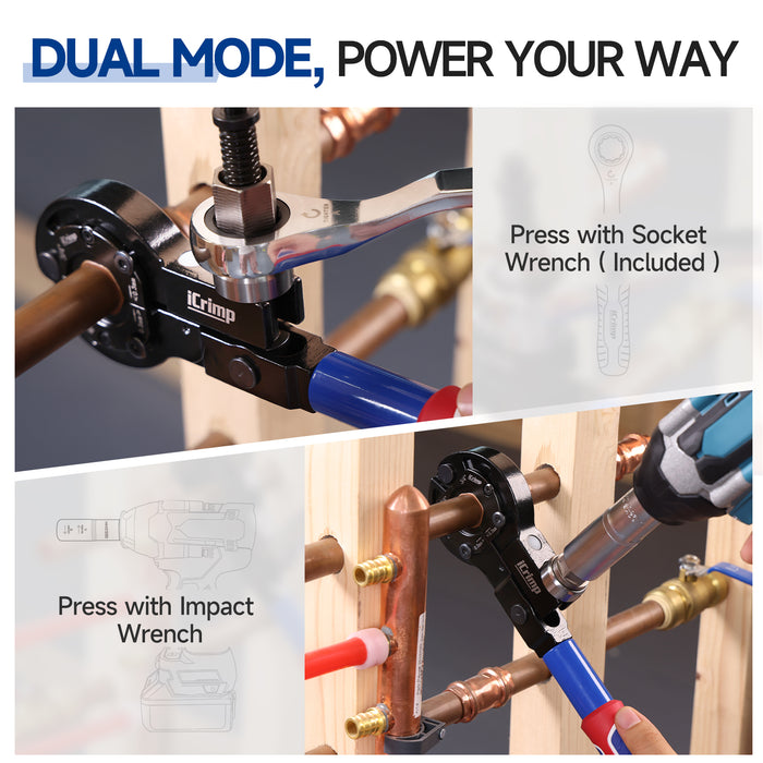 IWS-1632CF Copper Crimping Tool with Cutter, Propress Tool for 1/2" 3/4" 1" Copper Pipes, Adapts to Manual Wrench & Electric Socket for Tight Spaces