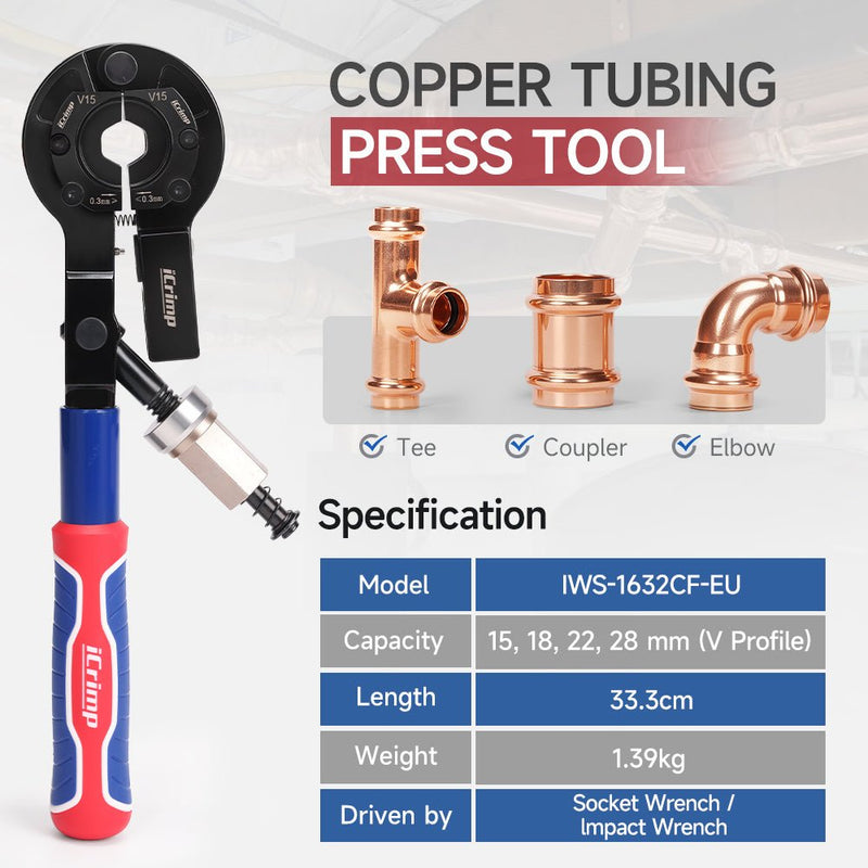 IWS-1632CF European Copper Pipe Press Tool V Profile for Ø15–Ø28 mm Tubes, Manual & Electric Dual-Drive Crimping Wrench with Cutter, Compatible with European Press Fitting Systems, Compact Design for Tight Spaces