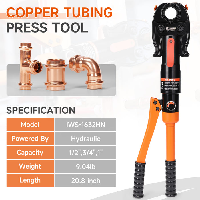IWS-1632HN Hydraulic Copper Crimping Tool, Propress Tool with 1/2",3/4" and 1" Jaw,Tee Fitting & Copper Tube Fittings Hydraulic Pipe Crimper, Suitable for Tight Spaces