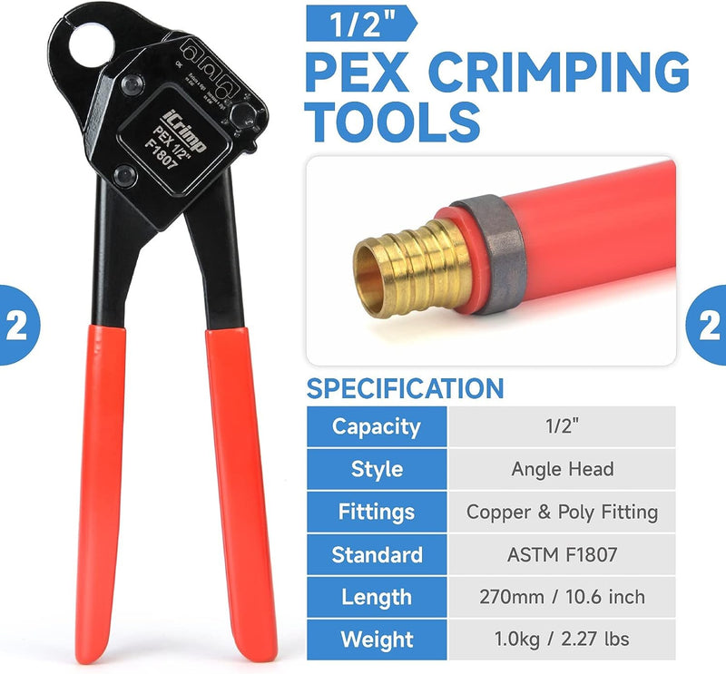 IWS-1807CN PEX Crimping Tool Kit with PEX Crimpers, PEX Tubing Cutter, Copper Ring Removal Tool for 1/2’’ & 3/4’’ Copper Crimp Rings, Meets ASTM F1807 Standard PEX Pipe Tools iCrimp