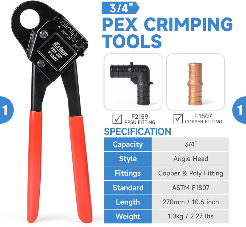 IWS-1807CN PEX Crimping Tool Kit with PEX Crimpers, PEX Tubing Cutter, Copper Ring Removal Tool for 1/2’’ & 3/4’’ Copper Crimp Rings, Meets ASTM F1807 Standard PEX Pipe Tools iCrimp