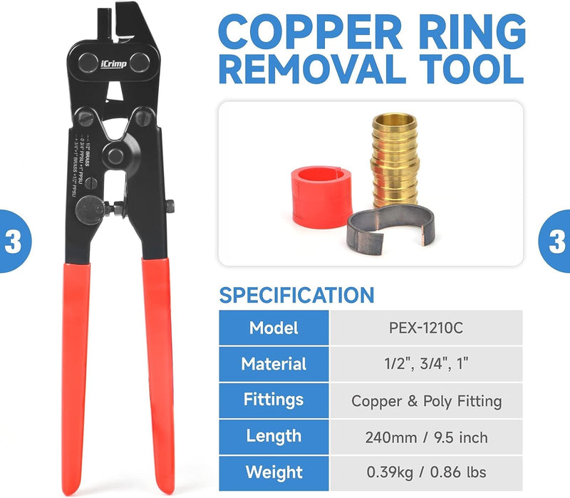 IWS-1807CN PEX Crimping Tool Kit with PEX Crimpers, PEX Tubing Cutter, Copper Ring Removal Tool for 1/2’’ & 3/4’’ Copper Crimp Rings, Meets ASTM F1807 Standard PEX Pipe Tools iCrimp