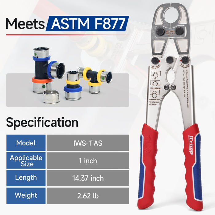 IWS-1AS iCrimp 1 Inch PEX Crimping Tool for Stainless Steel Crimping Sleeve - F877 Press Fit Tool is compatible with crimping systems