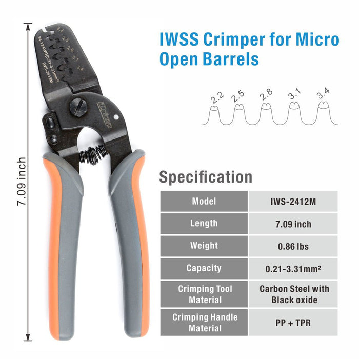 IWS-2412M Open Barrel Crimping Tools Works on AWG24-12 JAM, Molex, Tyco, JST Terminals and Connectors Crimping Tools IWISS