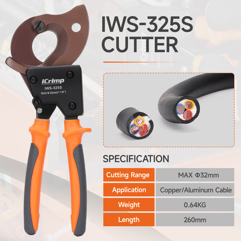 IWS-325S Ratchet Cable Wire Cutter, Cuts Up to 32mm Diameter, Heavy-Duty Cable Cutter for Cutting Electrical Aluminum Copper and Multi-core Cables