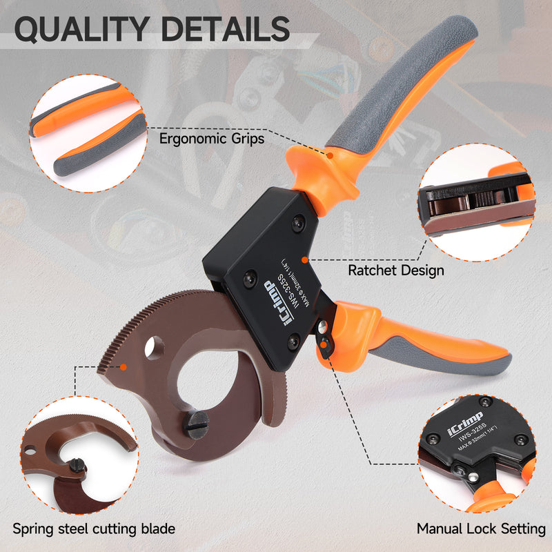 IWS-325S Ratchet Cable Wire Cutter, Cuts Up to 32mm Diameter, Heavy-Duty Cable Cutter for Cutting Electrical Aluminum Copper and Multi-core Cables