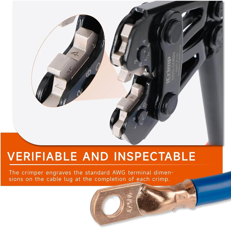 IWS-50BN Battery Cable Lug Crimping Tool for 8, 6, 4, 2, 1, 1/0 AWG Copper Cable Lugs, Battery Terminal Crimper Crimping Tools IWISS TOOLS