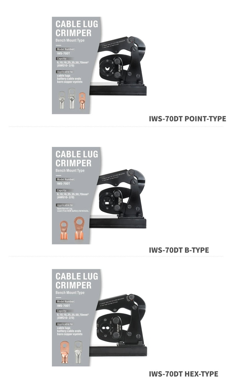 IWS-70DT Battery Lugs Crimping Tool for Battery Cable Ends, Tubular Cable Lugs 6-70mm² AWG 10-2/0 Bench Mount Type Hand Crimping Pliers IWISS TOOLS