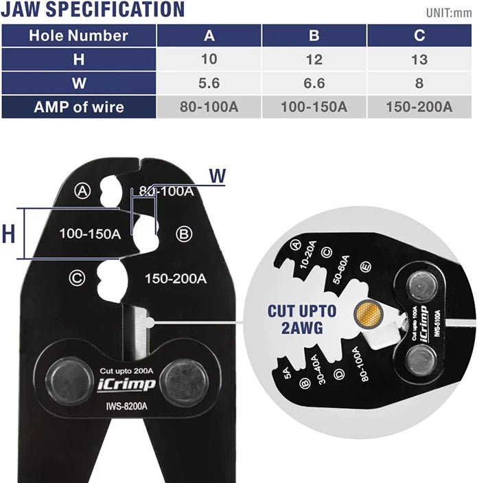 IWS-8200A Battery Lugs and Open Barrel Connectors Crimping Tools works with Wire AWG 9-2 Hand Crimping Pliers IWISS