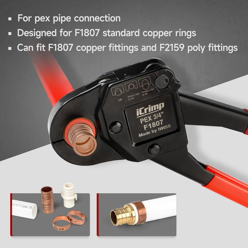 IWS-C Kit Angle PEX Crimping Tool Kit for 1/2" & 3/4" PEX Copper Rings with 9.5" Groove Joint Plier, PEX Tubing Cutter & 30PCS Copper Rings PEX Pipe Tools iCrimp
