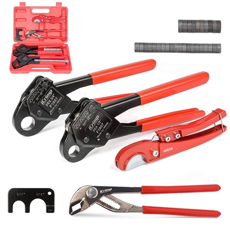 IWS-C Kit Angle PEX Crimping Tool Kit for 1/2" & 3/4" PEX Copper Rings with 9.5" Groove Joint Plier, PEX Tubing Cutter & 30PCS Copper Rings PEX Pipe Tools iCrimp