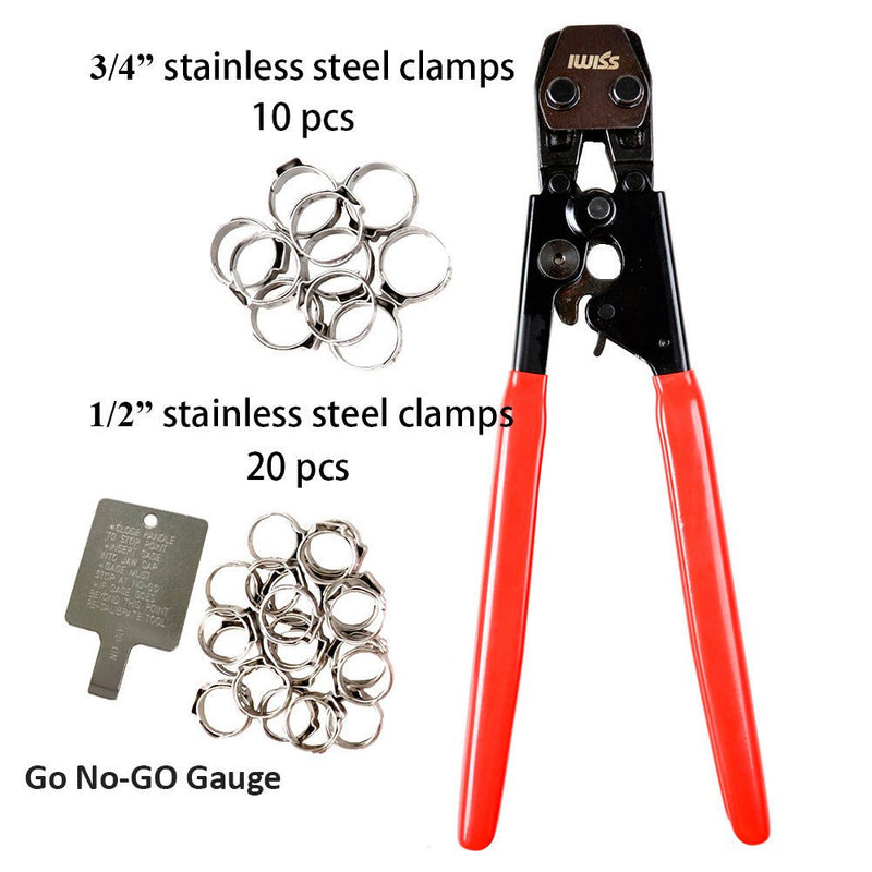 KG-1096 KIT PEX Pipe Clamp Cinch Tool Crimping Tool for Stainless Steel Clamps from 3/8-inch to 1-inch with 1/2-inch 20PCS and 3/4-inch 10PCS SS PEX Clamps PEX Pipe Tools iCrimp