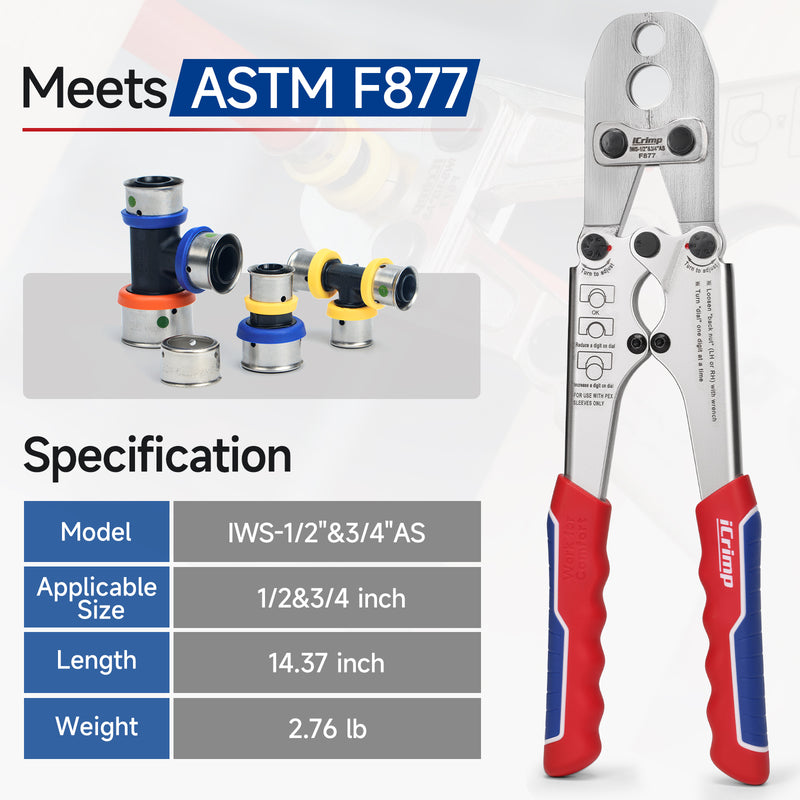 IWS-S1234 1/2 & 3/4 Inch PEX Crimping Combo Tool for Stainless Steel Press Sleeves - F877 Press Fitting Tool, Compatible with Press Connect Systems