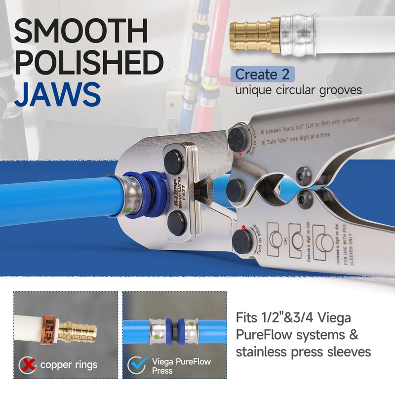 IWS-S1234 1/2 & 3/4 Inch PEX Crimping Combo Tool for Stainless Steel Press Sleeves - F877 Press Fitting Tool, Compatible with Press Connect Systems