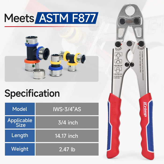 IWS-S34  iCrimp 3/4 Inch PEX Crimping Tool for Stainless Steel Crimping Tool - F877 Crimping Tool is compatible with crimping systems