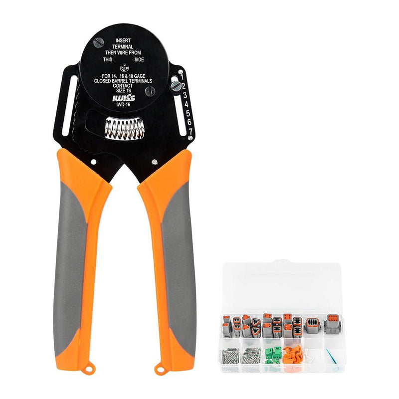 IWD-16 DT125 KIT Closed Barrel Crimper 4 Way Indent,8 Impression Type Deutsch Crimper for Solid Contacts Gage 14,16&18(IWD-16) with DT Connector Kit Hand Crimping Pliers iCrimp